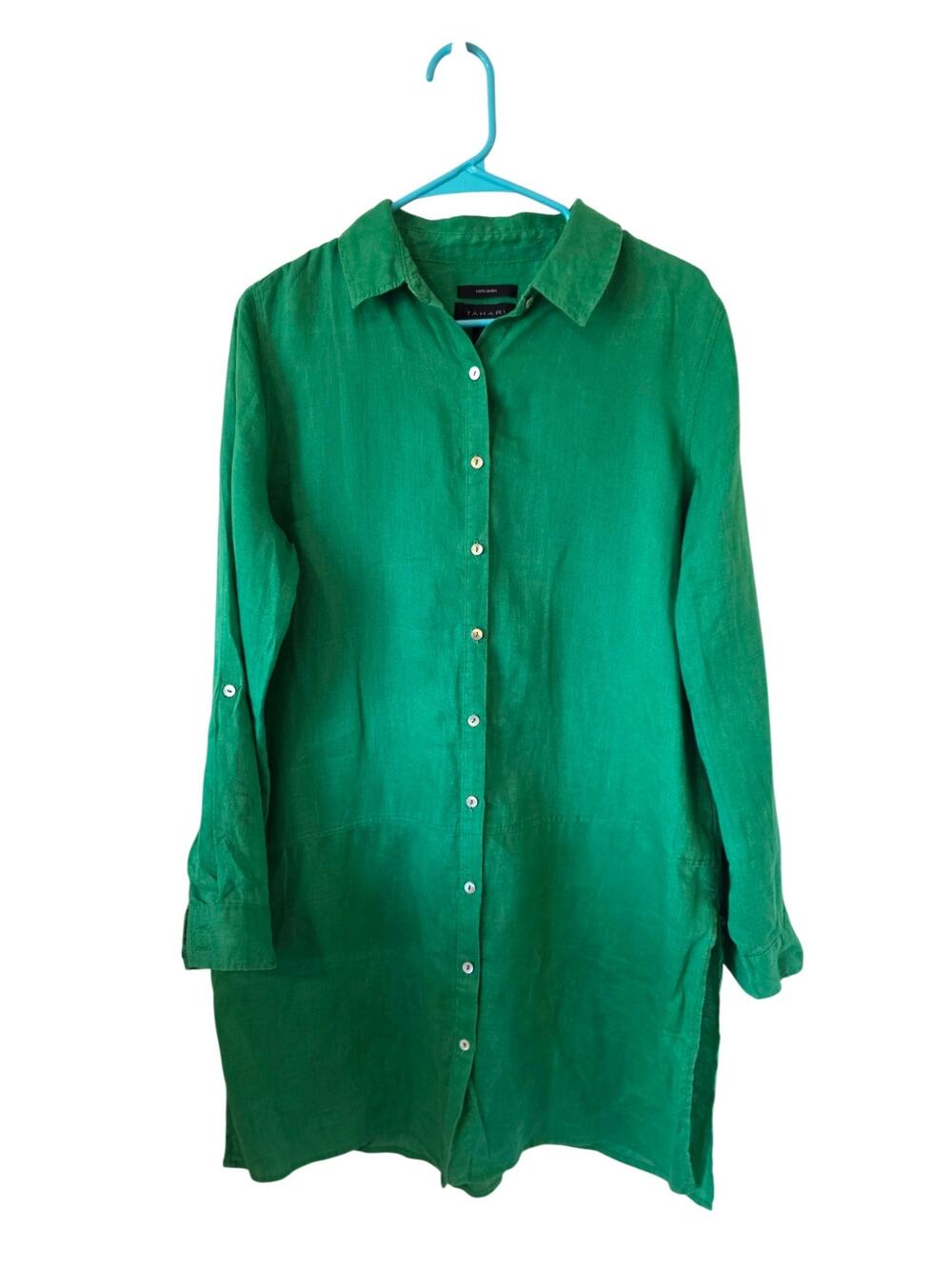 Tahari Womens Button Front Long Sleeve Linen Shirt Dress Size Medium Green